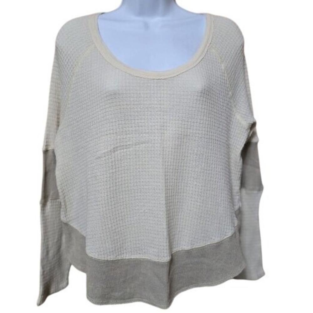 WE THE FREE Thermal Waffle Knit Oversized Long Sleeve Top Cream Beige L